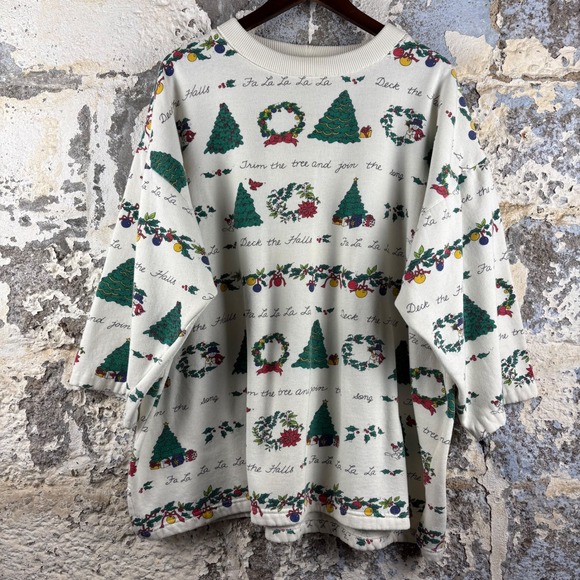 Vintage Christmas Sweater La La La Deck the Halls Trees Wreath All Over Print 3X - Picture 1 of 5